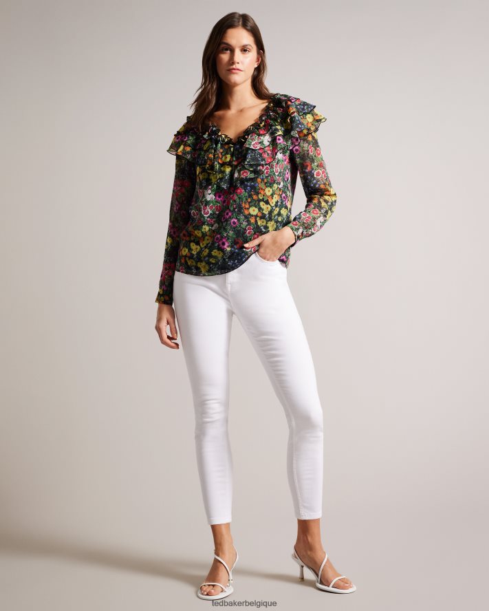 être Ted Baker femmes Amell - Blouse à manches longues et col en V à volants noir FR8J42327 vêtements