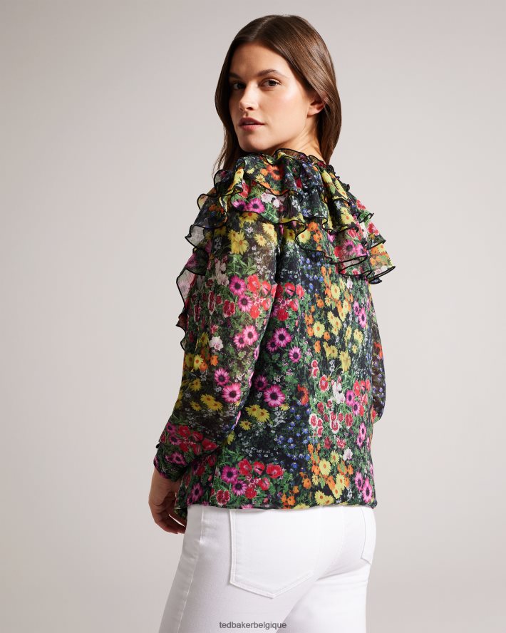 être Ted Baker femmes Amell - Blouse à manches longues et col en V à volants noir FR8J42327 vêtements