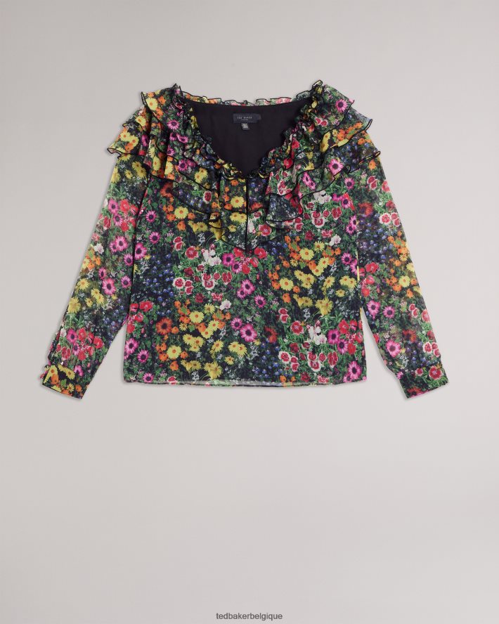 être Ted Baker femmes Amell - Blouse à manches longues et col en V à volants noir FR8J42327 vêtements