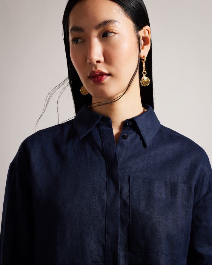 être Ted Baker femmes chemise longue en lin dorahh marine FR8J42476 vêtements