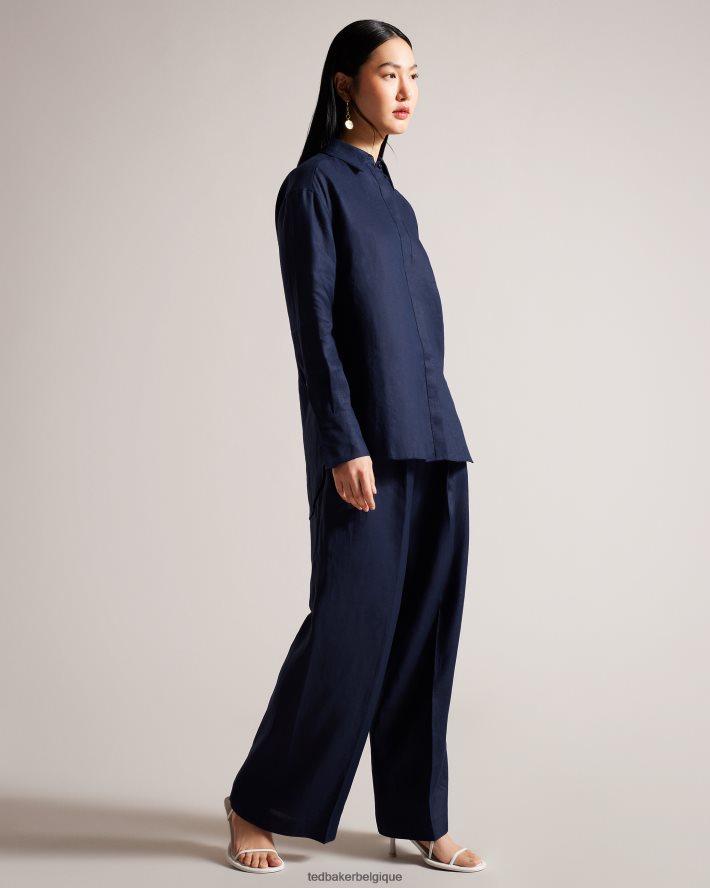 être Ted Baker femmes chemise longue en lin dorahh marine FR8J42476 vêtements