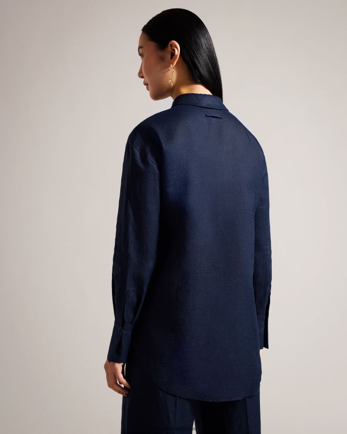 être Ted Baker femmes chemise longue en lin dorahh marine FR8J42476 vêtements