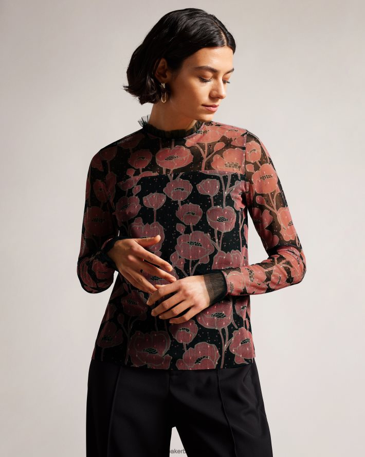 être Ted Baker femmes Maggann - Top à manches longues avec détails volants noir FR8J42132 vêtements