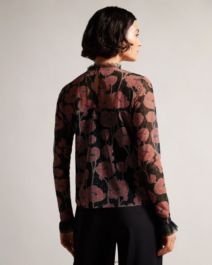 être Ted Baker femmes Maggann - Top à manches longues avec détails volants noir FR8J42132 vêtements