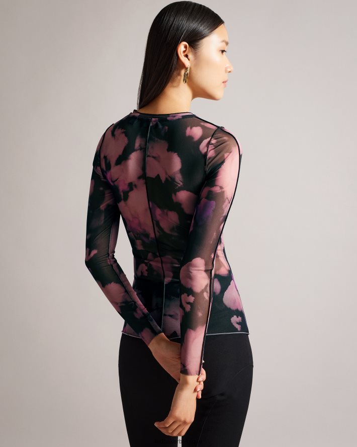 être Ted Baker femmes aleeina - haut à manches longues en résille à imprimé abstrait noir FR8J42414 vêtements