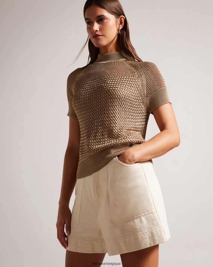 être Ted Baker femmes haut à manches courtes en point de basket abaly brun-bronzage FR8J42238 vêtements