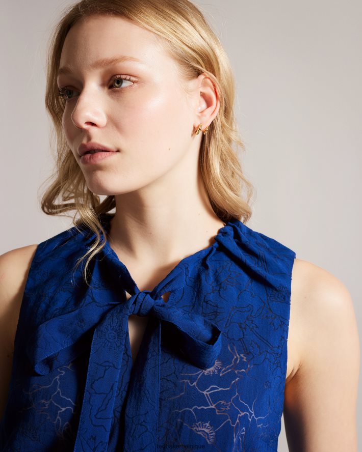 être Ted Baker femmes Adelaai Devore - Top fleuri avec lien à nouer au cou bleu brillant FR8J42440 vêtements