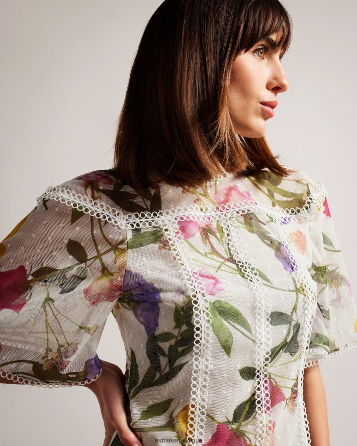être Ted Baker femmes Arelln - Top fleuri à col montant et détails en dentelle blanc FR8J42230 vêtements