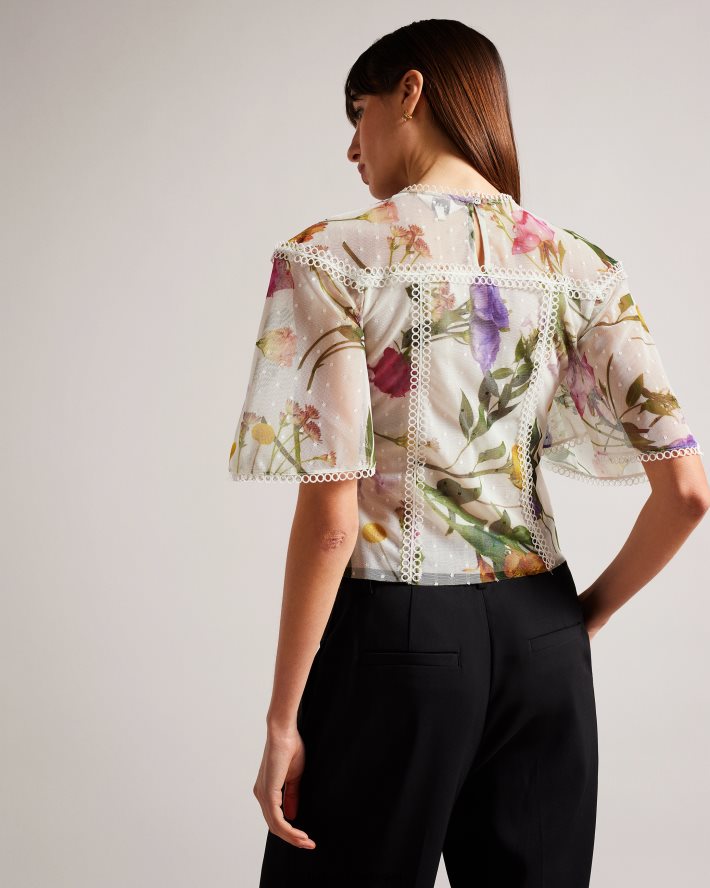 être Ted Baker femmes Arelln - Top fleuri à col montant et détails en dentelle blanc FR8J42230 vêtements