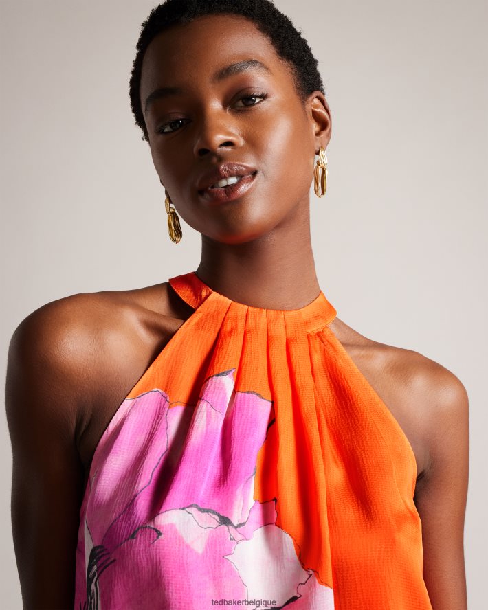être Ted Baker femmes milenaa - haut dos nu plissé à fleurs Orange vif FR8J425 vêtements