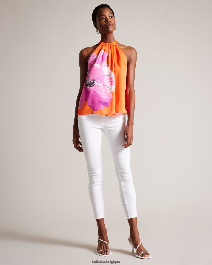 être Ted Baker femmes milenaa - haut dos nu plissé à fleurs Orange vif FR8J425 vêtements