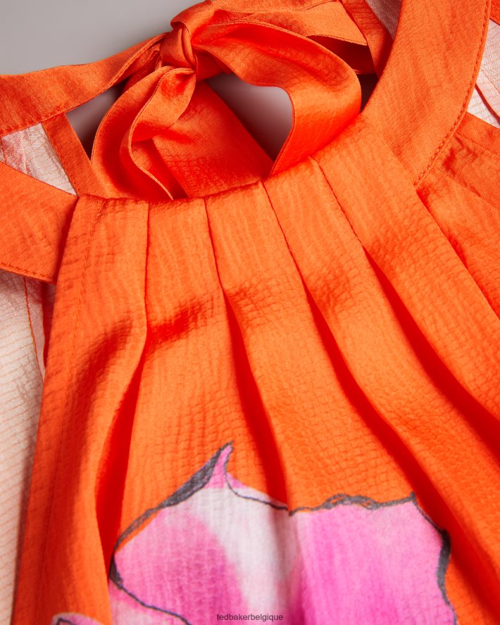 être Ted Baker femmes milenaa - haut dos nu plissé à fleurs Orange vif FR8J425 vêtements