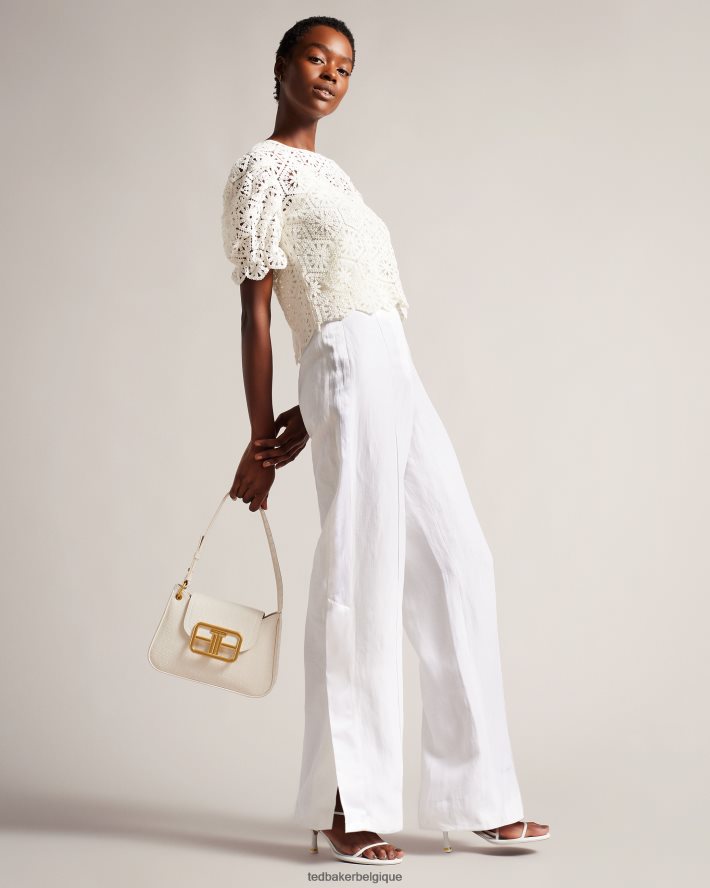 être Ted Baker femmes Ambya - Haut à manches bouffantes en tricot au crochet blanc FR8J42234 vêtements