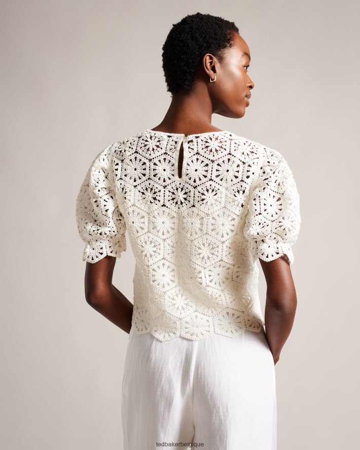être Ted Baker femmes Ambya - Haut à manches bouffantes en tricot au crochet blanc FR8J42234 vêtements
