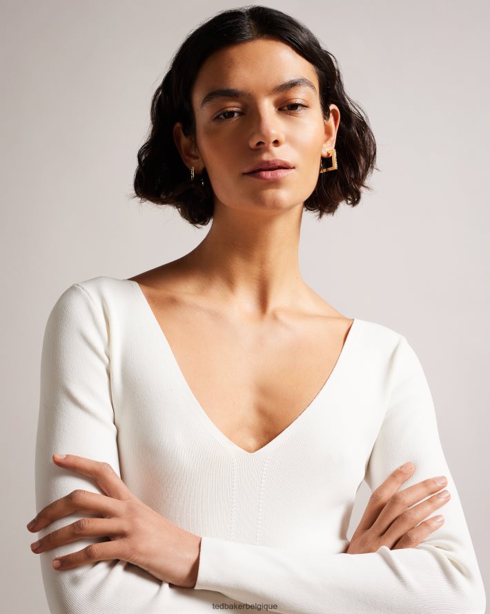 être Ted Baker femmes Cileste - Haut en maille coupe slim à col en V Ivoire FR8J42355 vêtements