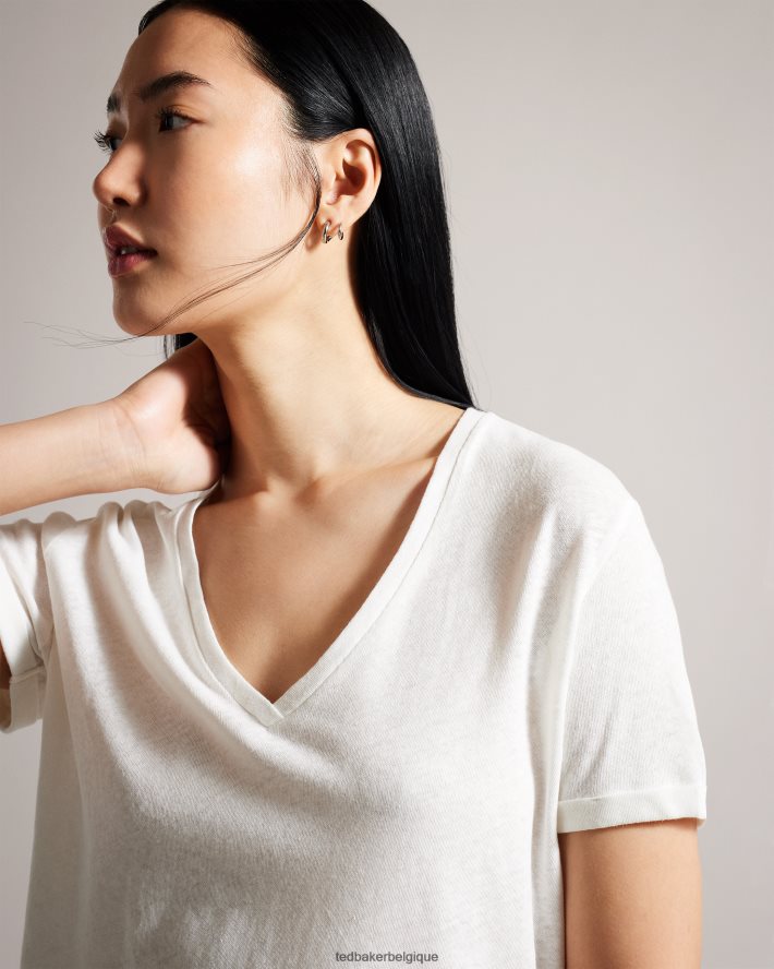 être Ted Baker femmes t-shirt laliita col v en coton et lin blanc FR8J42475 vêtements