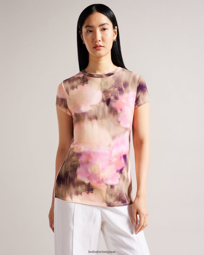 être Ted Baker femmes yazmean t-shirt fleuri ajusté à col torsadé corail FR8J42263 vêtements