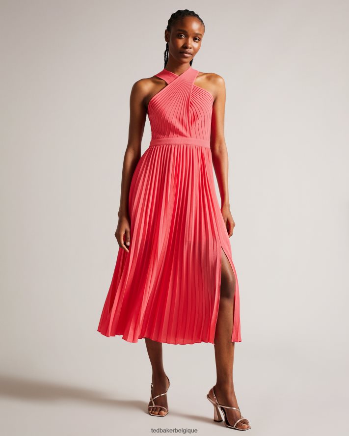 être Ted Baker femmes Loueli - Robe plissée croisée sur le devant avec corsage en tricot corail FR8J4226 vêtements