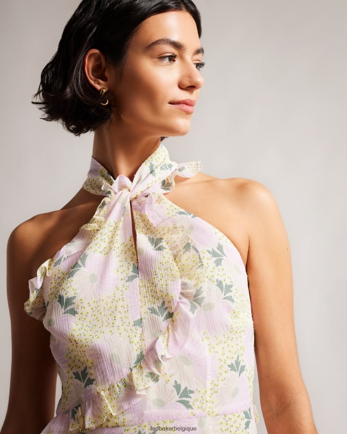 être Ted Baker femmes Suttonn - Robe courte à col torsadé et volants jaune clair FR8J4212 vêtements