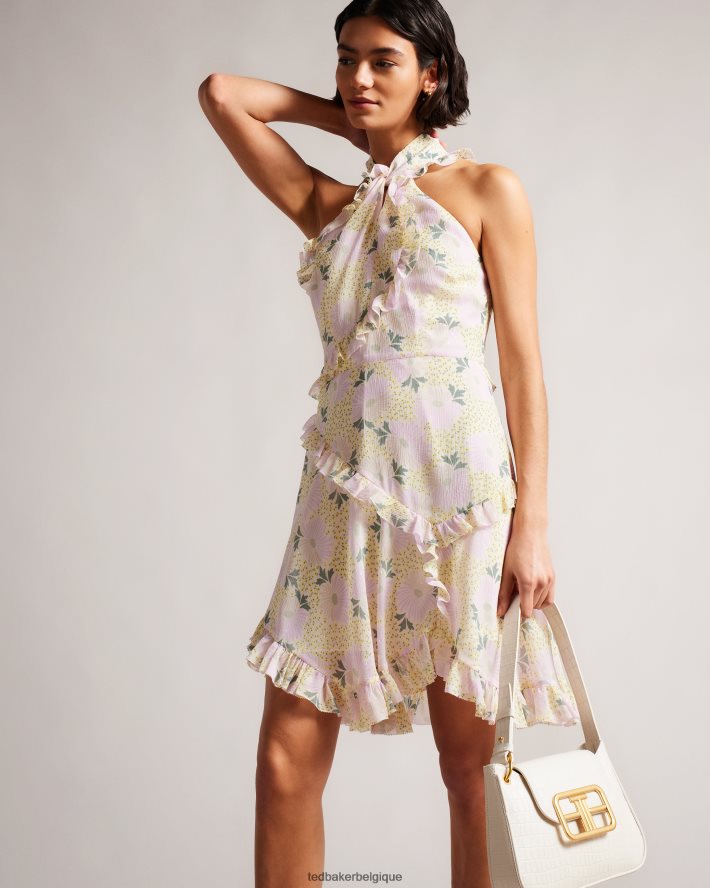 être Ted Baker femmes Suttonn - Robe courte à col torsadé et volants jaune clair FR8J4212 vêtements