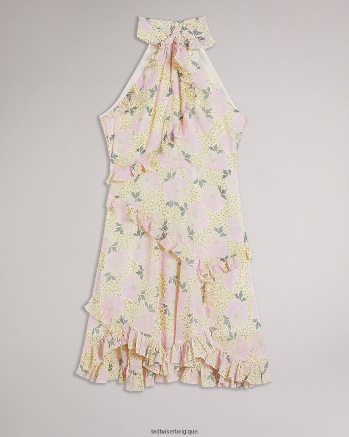 être Ted Baker femmes Suttonn - Robe courte à col torsadé et volants jaune clair FR8J4212 vêtements