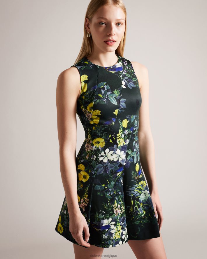 être Ted Baker femmes robe patineuse en néoprène imprimée lexiya vert foncé FR8J42282 vêtements