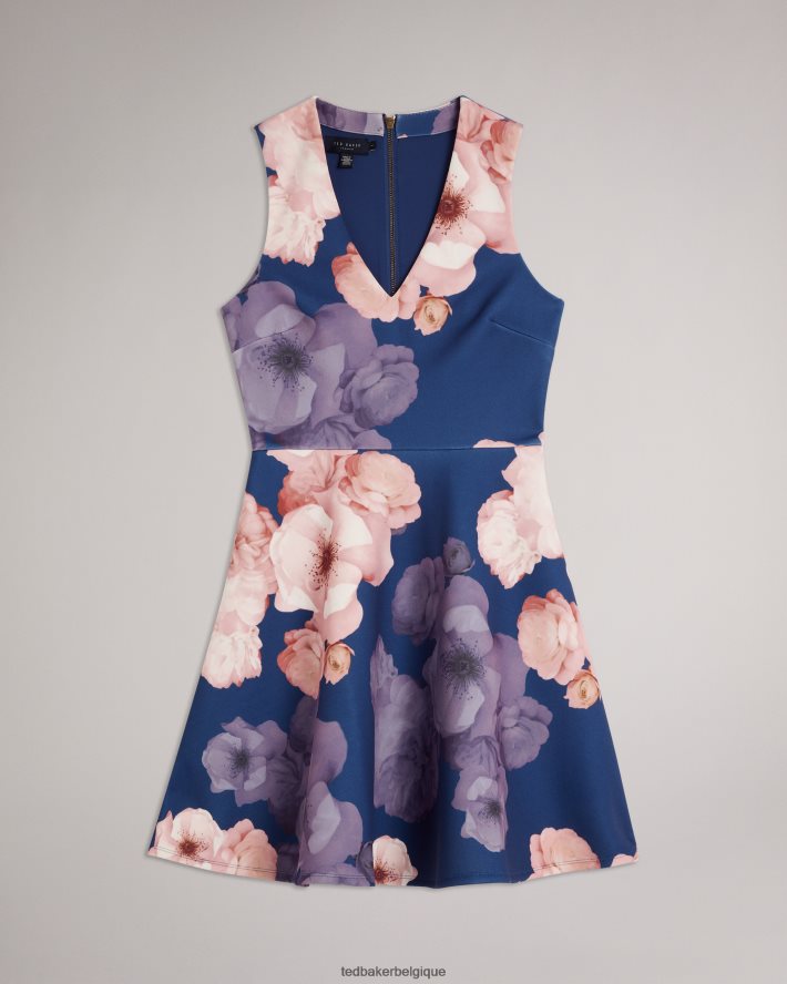 être Ted Baker femmes robe patineuse imprimée à col en V emleey bleu foncé FR8J4269 vêtements