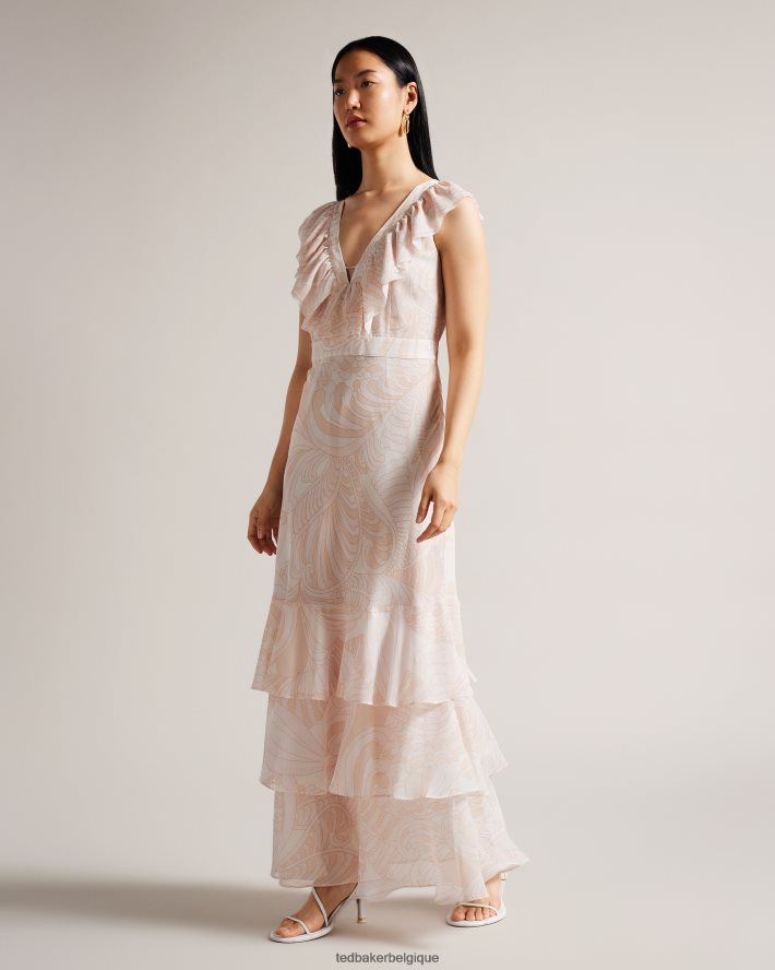 être Ted Baker femmes robe longue sheriil à motif cachemire et volants nu clair FR8J42347 vêtements