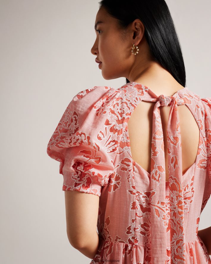 être Ted Baker femmes Esthher - Robe mi-longue à volants et manches bouffantes corail FR8J42201 vêtements