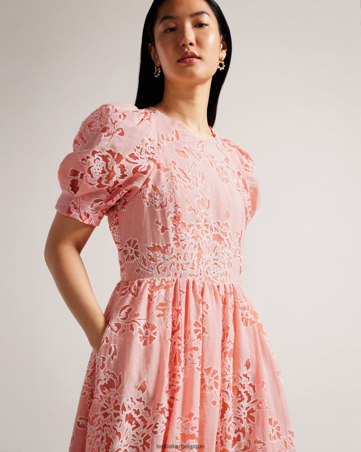 être Ted Baker femmes Esthher - Robe mi-longue à volants et manches bouffantes corail FR8J42201 vêtements