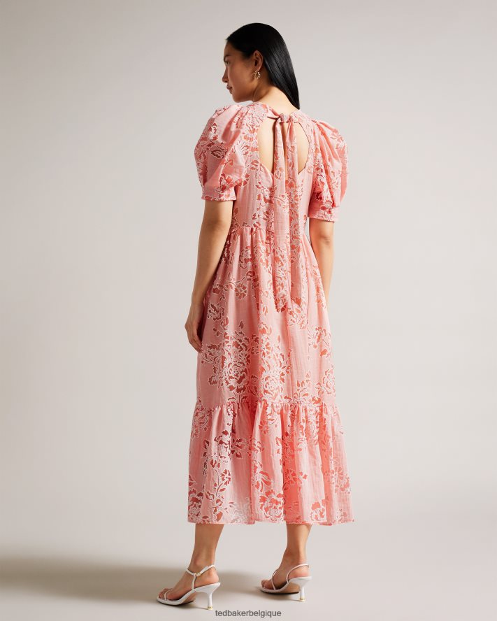être Ted Baker femmes Esthher - Robe mi-longue à volants et manches bouffantes corail FR8J42201 vêtements