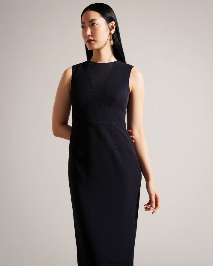 être Ted Baker femmes elissii - robe moulante mi-longue à col en V transparent bleu marine foncé FR8J42371 vêtements