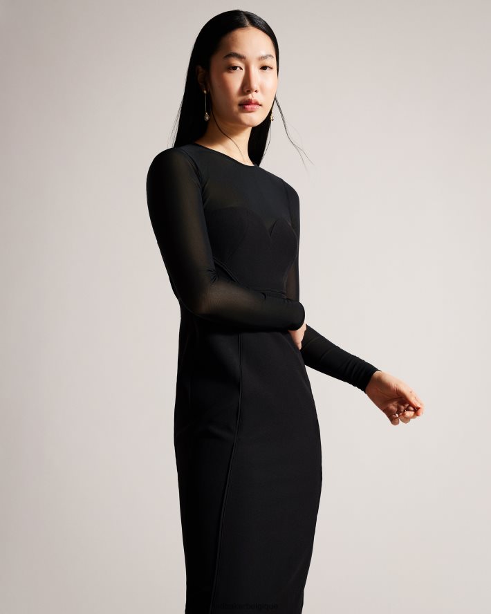 être Ted Baker femmes ivylou - robe mi-longue moulante à manches transparentes noir FR8J42417 vêtements