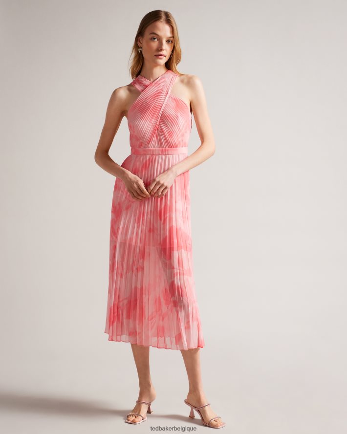 être Ted Baker femmes mirelia - robe midi plissée croisée sur le devant corail FR8J4219 vêtements