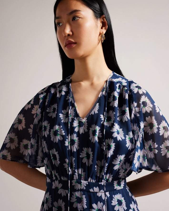 être Ted Baker femmes robe mi-longue à volants et imprimé fleuri Marllee bleu marine foncé FR8J42151 vêtements
