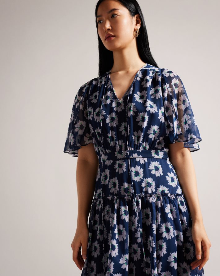 être Ted Baker femmes robe mi-longue à volants et imprimé fleuri Marllee bleu marine foncé FR8J42151 vêtements