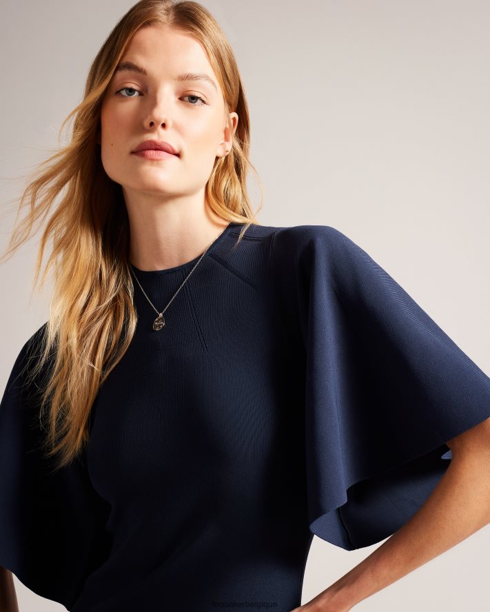 être Ted Baker femmes robe midi moulante en maille à manches évasées Lounia bleu foncé FR8J42187 vêtements