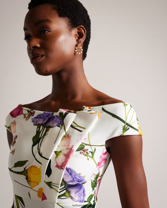 être Ted Baker femmes robe moulante style Bardot à fleurs Loveina blanc FR8J42171 vêtements