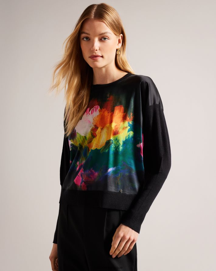 être Ted Baker femmes Zarha - Pull à imprimé artistique avec détails sur les manches noir FR8J42346 vêtements