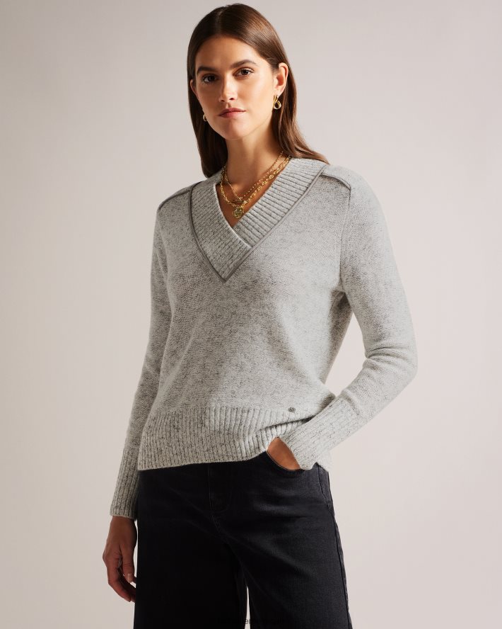 être Ted Baker femmes noryah pull à manches longues et col en V marnes grises FR8J42354 vêtements