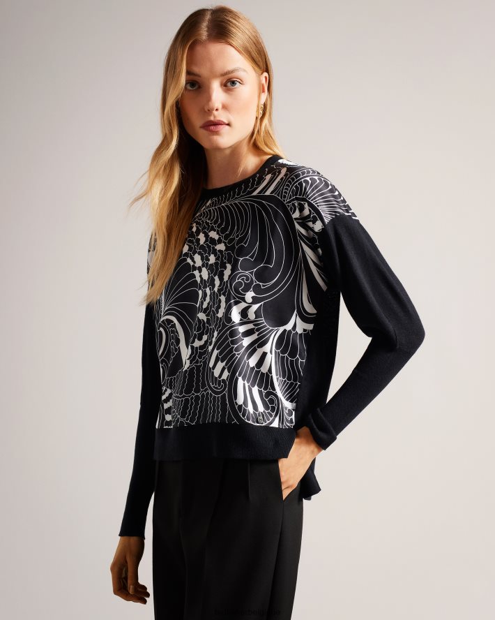 être Ted Baker femmes pull sicell tissé sur le devant noir FR8J4247 vêtements