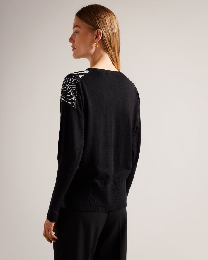 être Ted Baker femmes pull sicell tissé sur le devant noir FR8J4247 vêtements