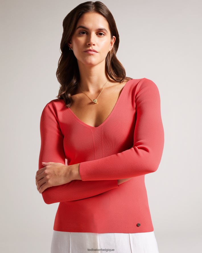être Ted Baker femmes Cileste - Haut en maille coupe slim à col en V corail FR8J4249 vêtements