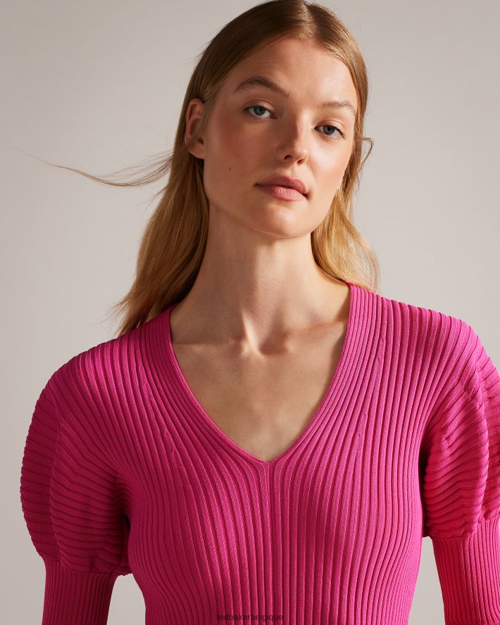 être Ted Baker femmes haut en maille côtelée Ivery avec épaules bouffantes rose profond FR8J42118 vêtements