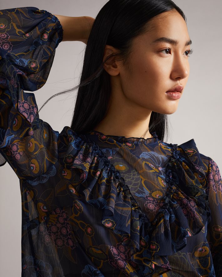 être Ted Baker femmes Jovena - Haut imprimé à volants et cascade marine FR8J42558 vêtements