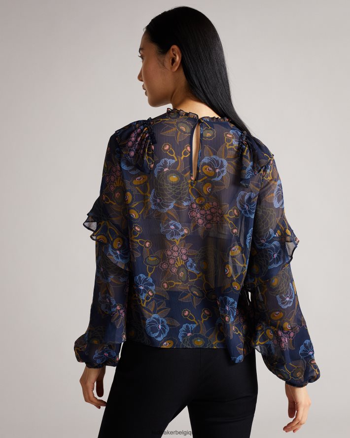 être Ted Baker femmes Jovena - Haut imprimé à volants et cascade marine FR8J42558 vêtements