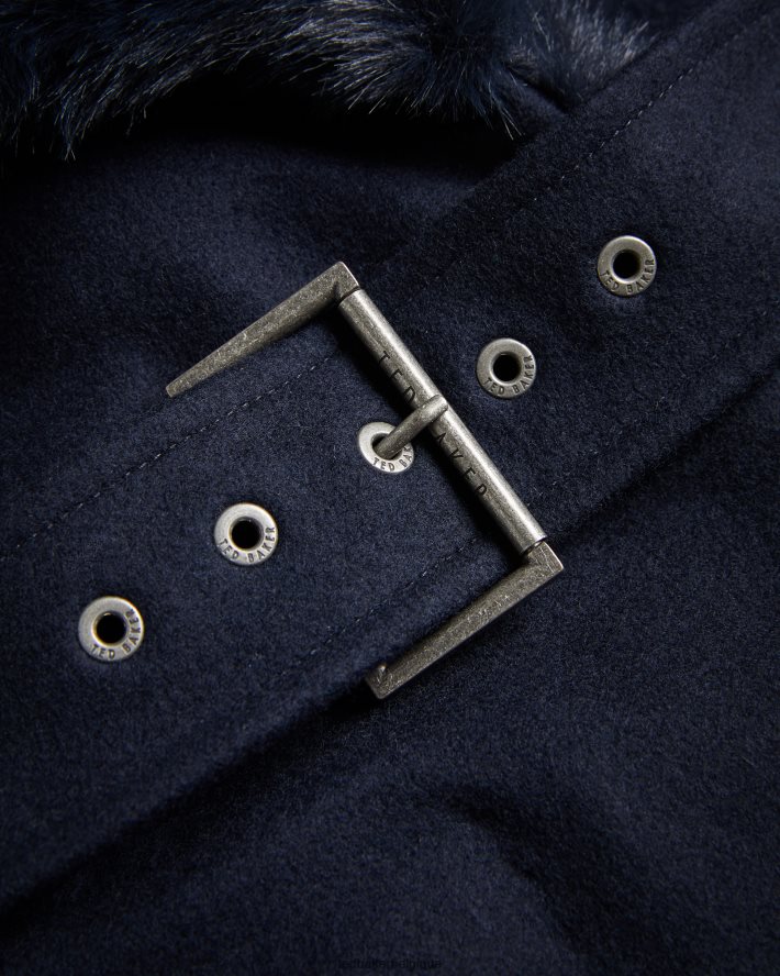 être Ted Baker femmes manteau ceinturé loleta avec col et poignets en fausse fourrure marine FR8J42422 vêtements