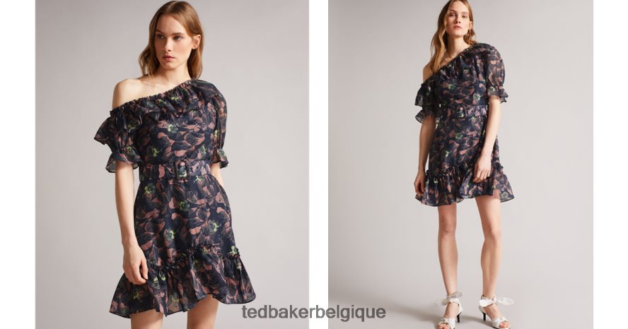 être Ted Baker femmes Hazpin - Robe courte asymétrique à volants et épaules dénudées marine FR8J42536 vêtements