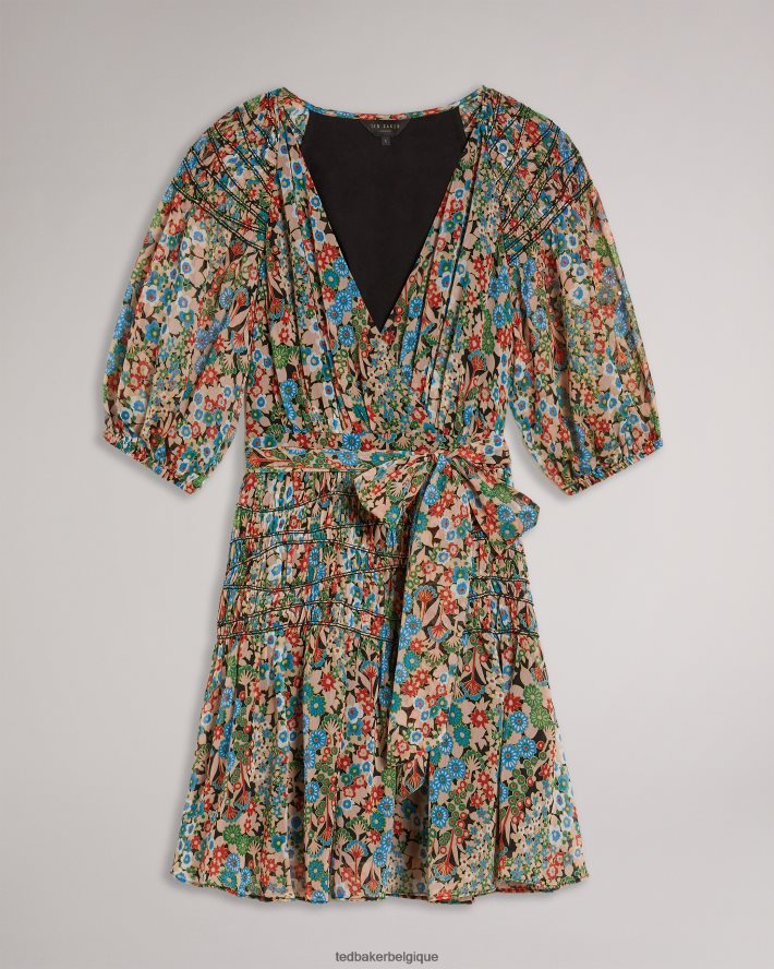 être Ted Baker femmes Tiania - Robe courte portefeuille à empiècements smockés noir FR8J42653 vêtements