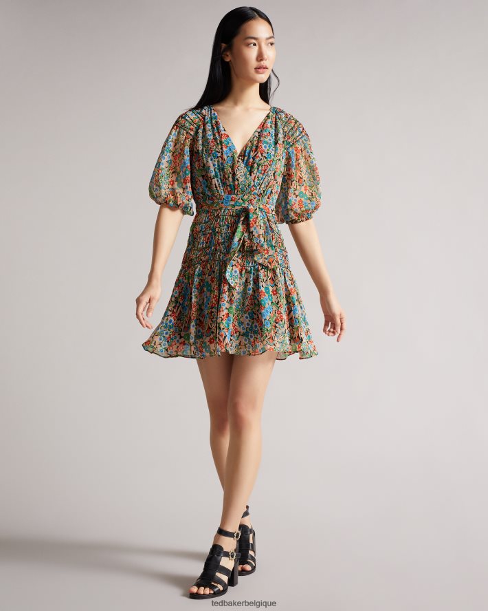 être Ted Baker femmes Tiania - Robe courte portefeuille à empiècements smockés noir FR8J42653 vêtements